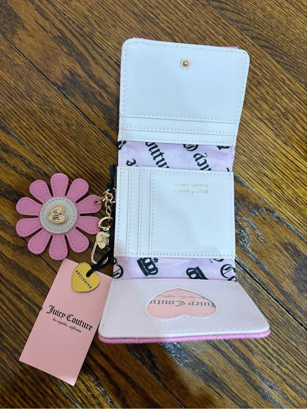 Juicy Couture Pink Flower Keychain Wallet with Gold Heart Accent